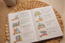 Open A5 guided journal displaying a complete weekly reflection spread with illustrated bookshelves, handwritten prompts, and colorful journaling on a woven placemat, styled with soft neutral home décor.
