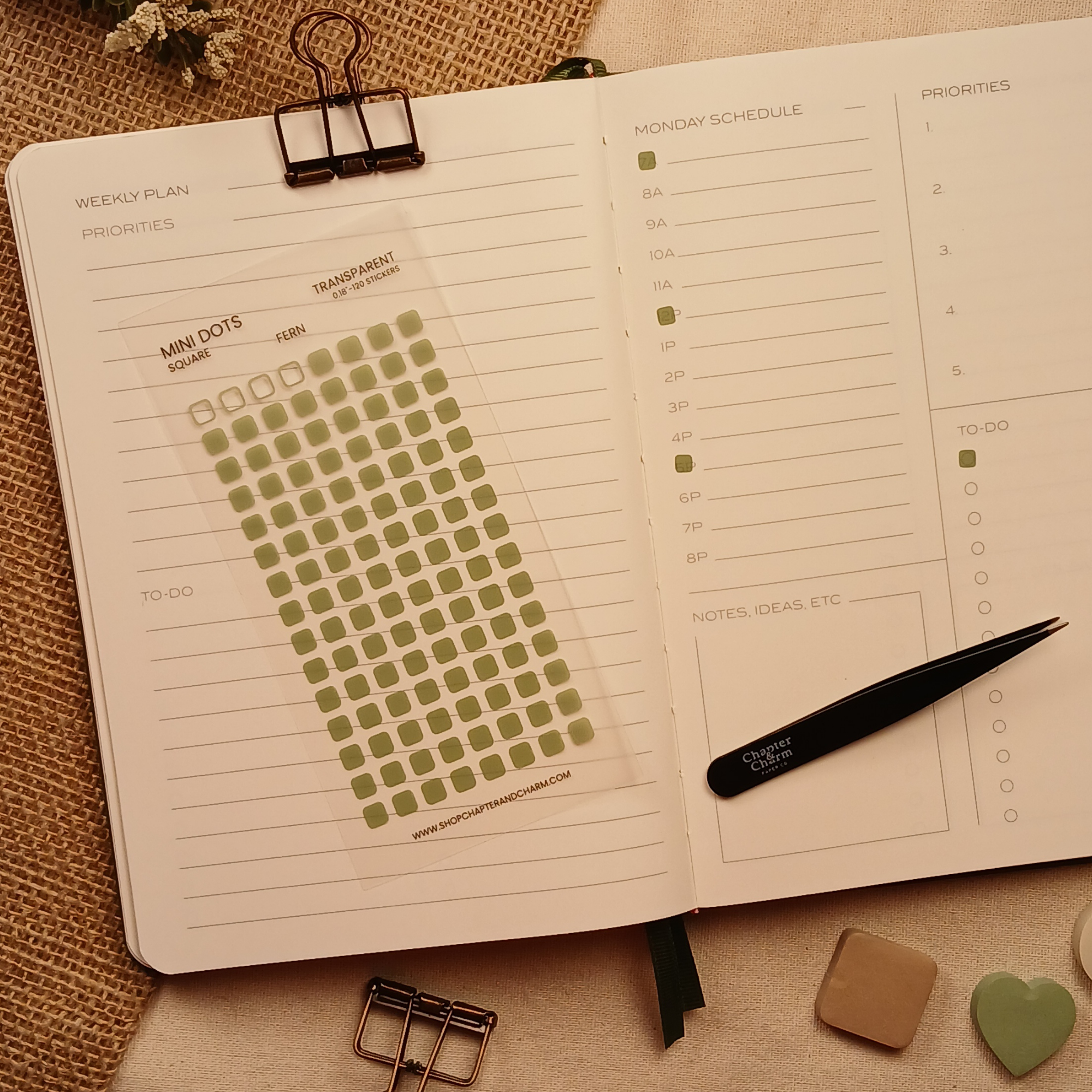 Transparent matte Fern green square planner dot stickers displayed on an open weekly planner with Chapter & Charm tweezers on a warm neutral linen background.
