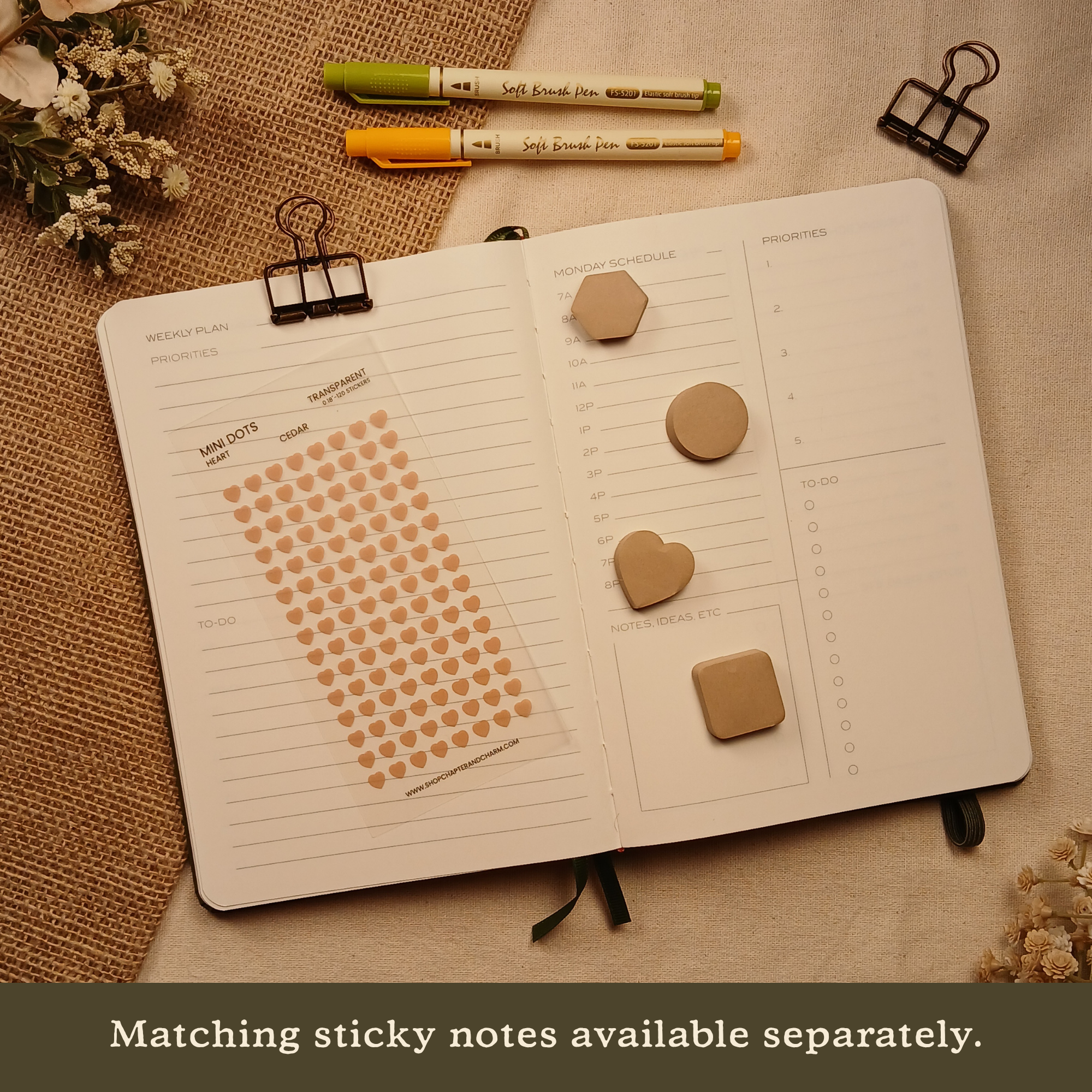 Cedar brown transparent heart planner sticker sheet displayed with coordinating sticky notes on an open planner. Text reads: 