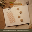 Cedar brown transparent hexagon planner sticker sheet displayed with coordinating sticky notes on an open planner. Banner text reads: 