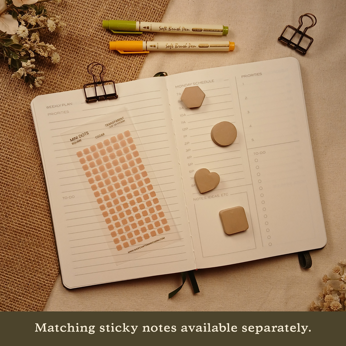 Cedar brown transparent matte square planner stickers displayed with coordinating sticky notes on an open planner. The image includes the text, 
