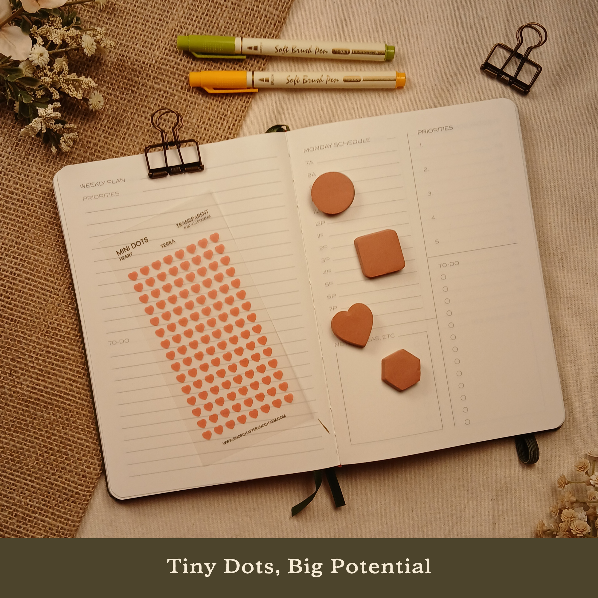 Terra orange transparent heart planner sticker sheet displayed with matching sticky notes on an open planner. Text reads: 