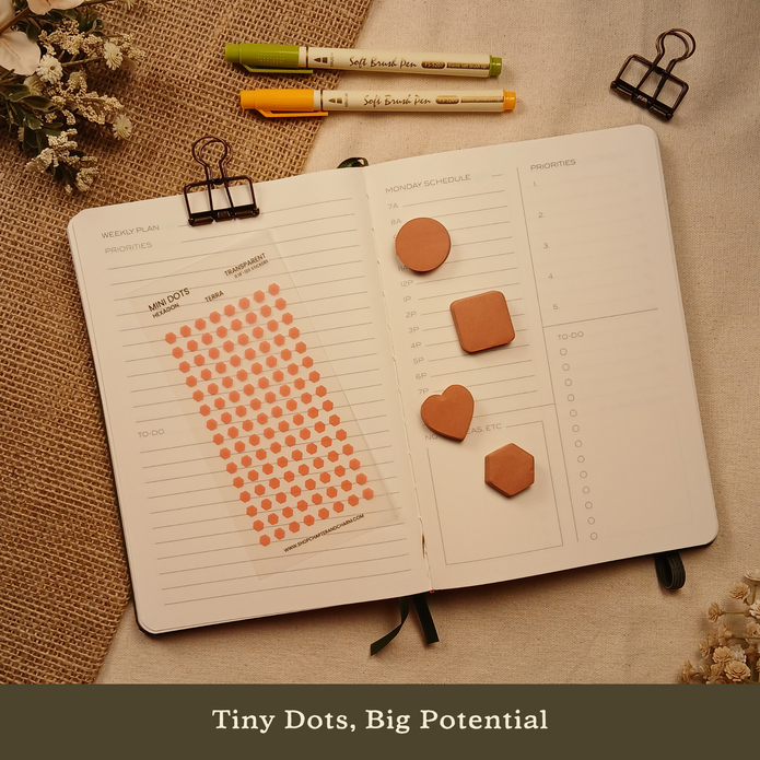 Terra orange transparent hexagon planner sticker sheet displayed with matching sticky notes in four shapes on an open planner. Banner text reads: 