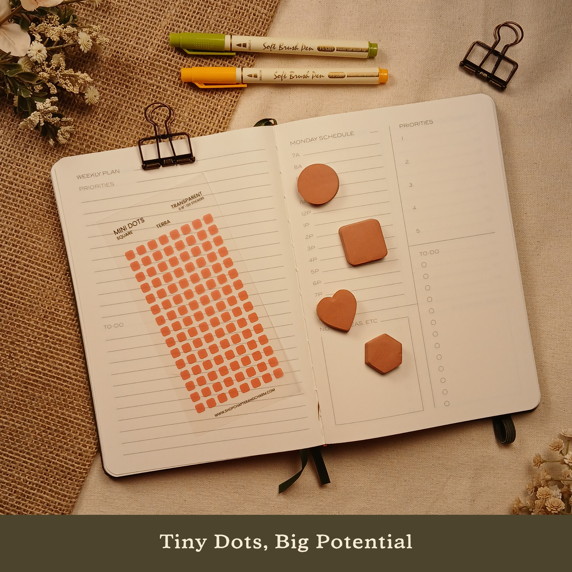 Terra rust transparent matte square planner stickers displayed with coordinating sticky notes on an open planner. The image includes the text, 