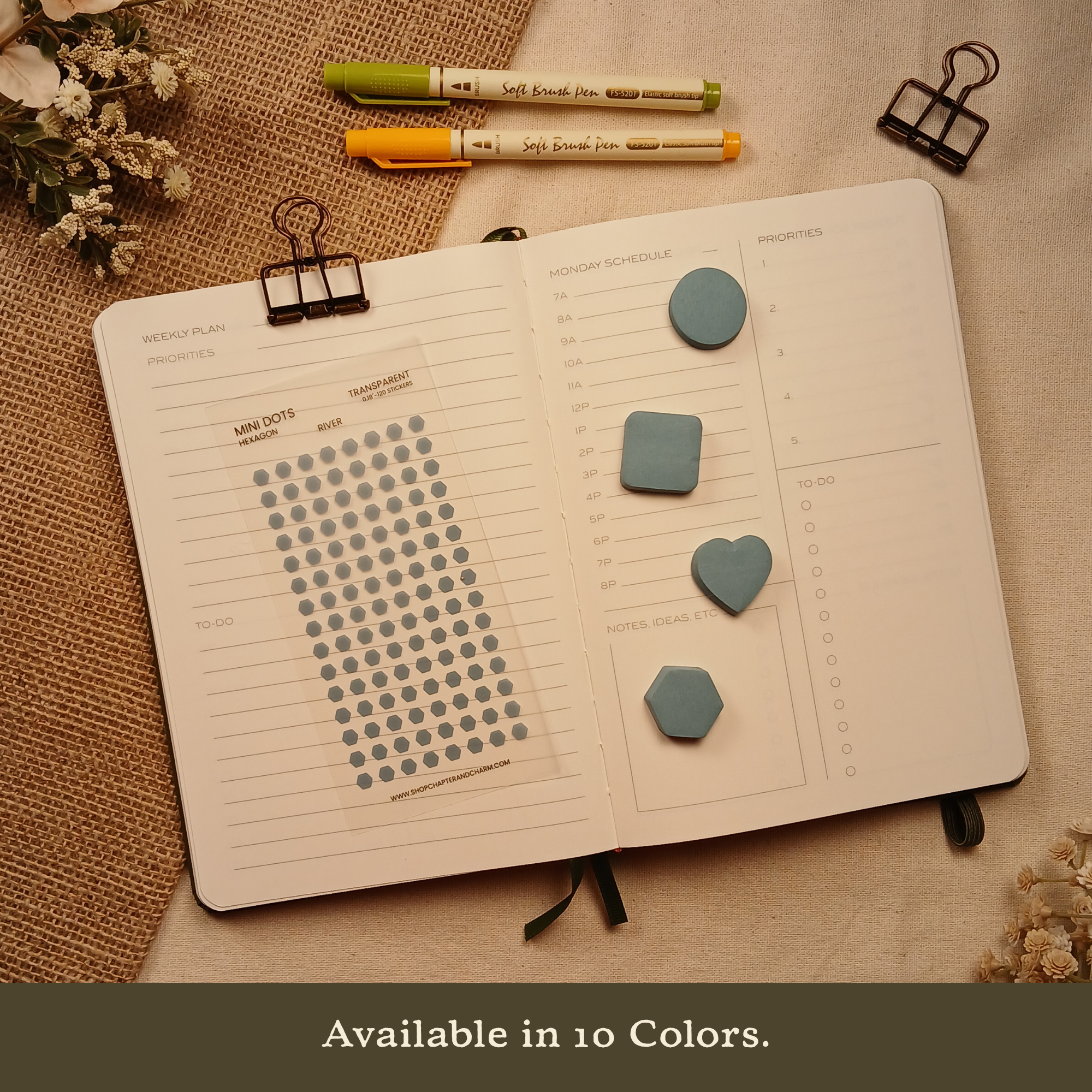 River blue transparent hexagon planner sticker sheet displayed with matching circle, rounded square, heart, and hexagon sticky notes on an open planner. Banner text reads: 