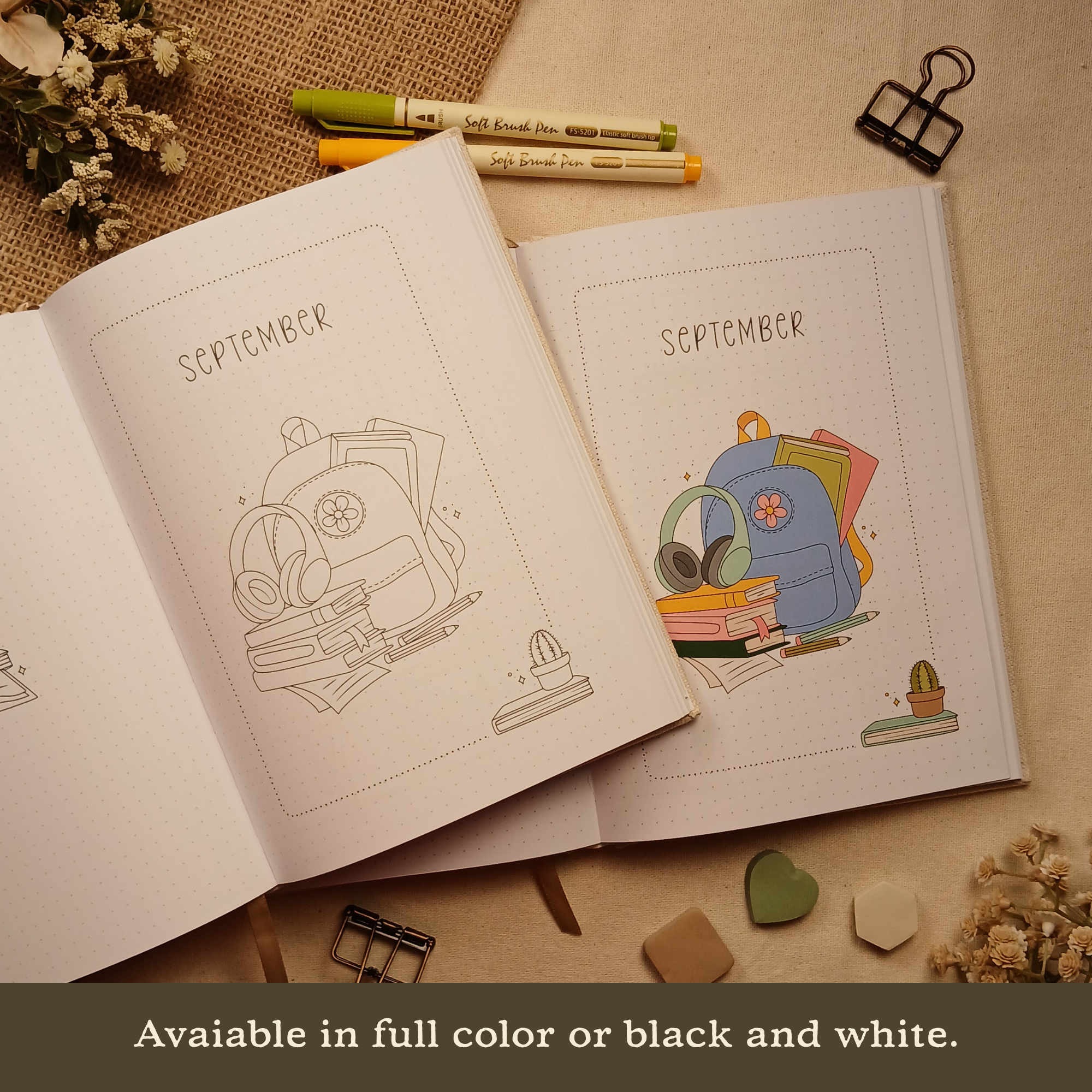 Booked Journal showing the September title page available in both full color and black and white illustrations. Text on image: 