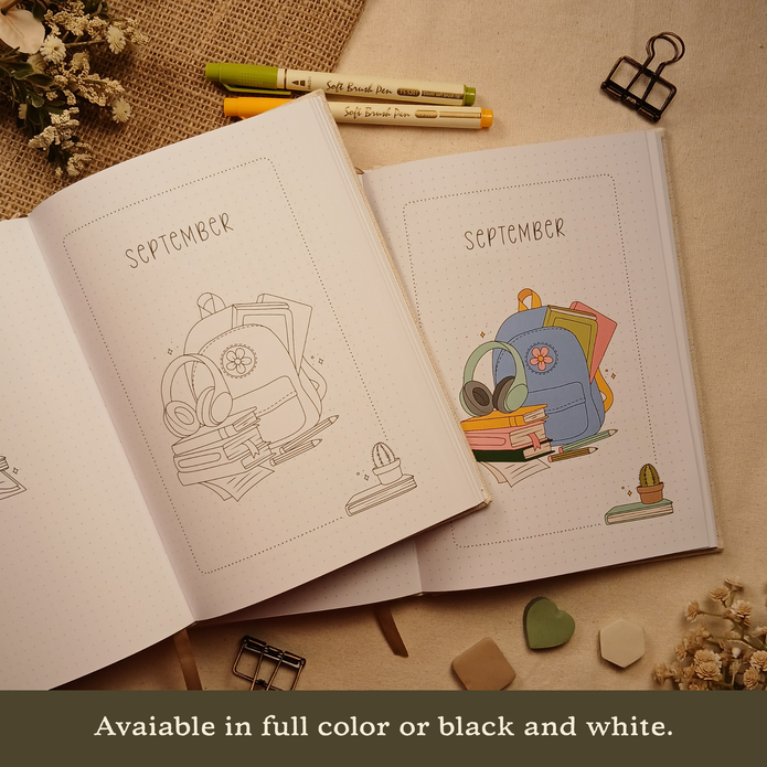 Booked Journal showing the September title page available in both full color and black and white illustrations. Text on image: 