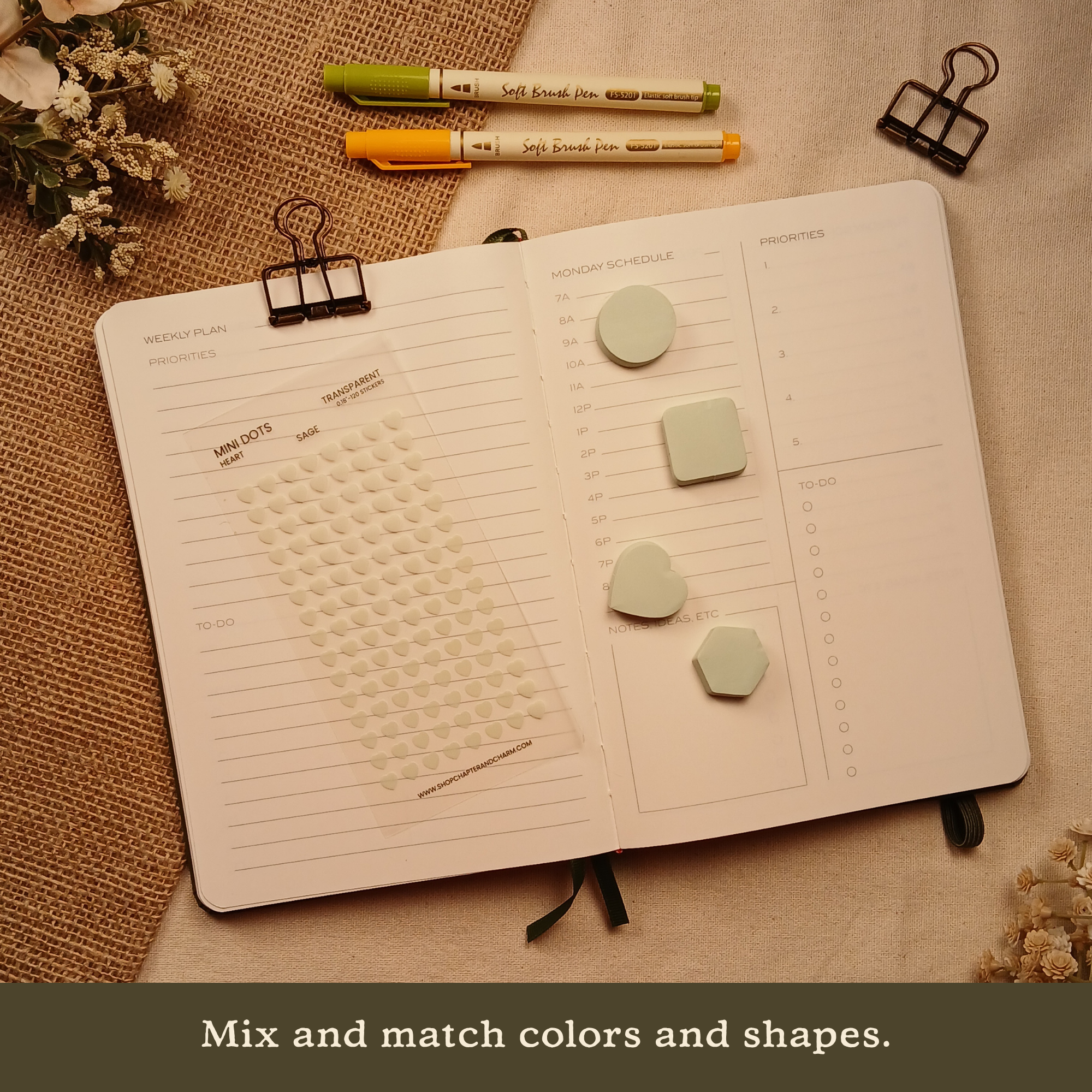 Sage green transparent heart planner sticker sheet with matching sticky notes arranged on an open planner. Text reads: 