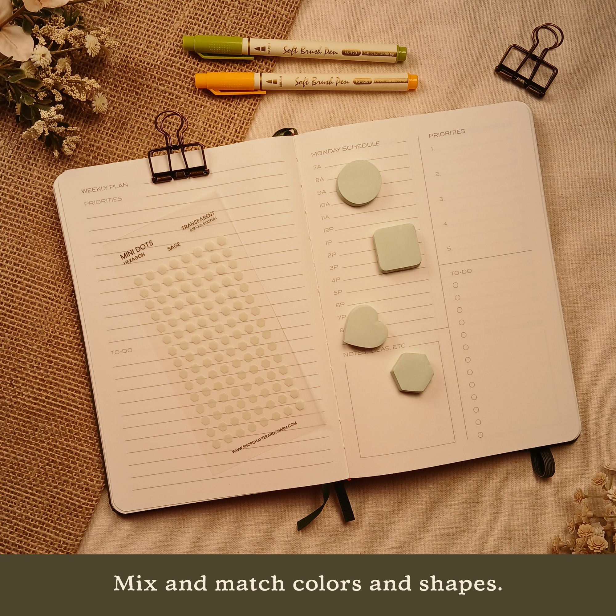 Sage green transparent hexagon planner sticker sheet displayed with coordinating sticky notes on an open planner. Banner text reads: 