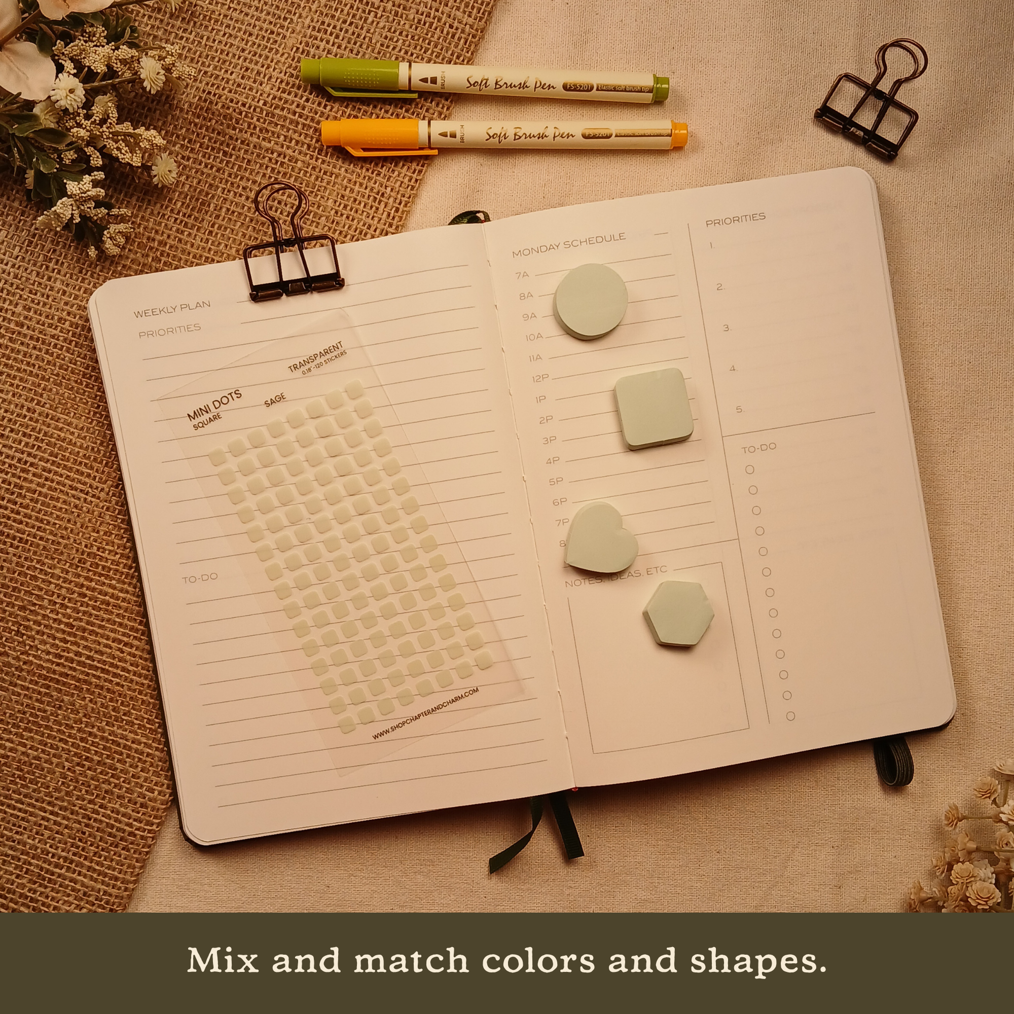 Sage green transparent matte square planner stickers displayed with coordinating sticky notes on an open planner. The image includes the text, 