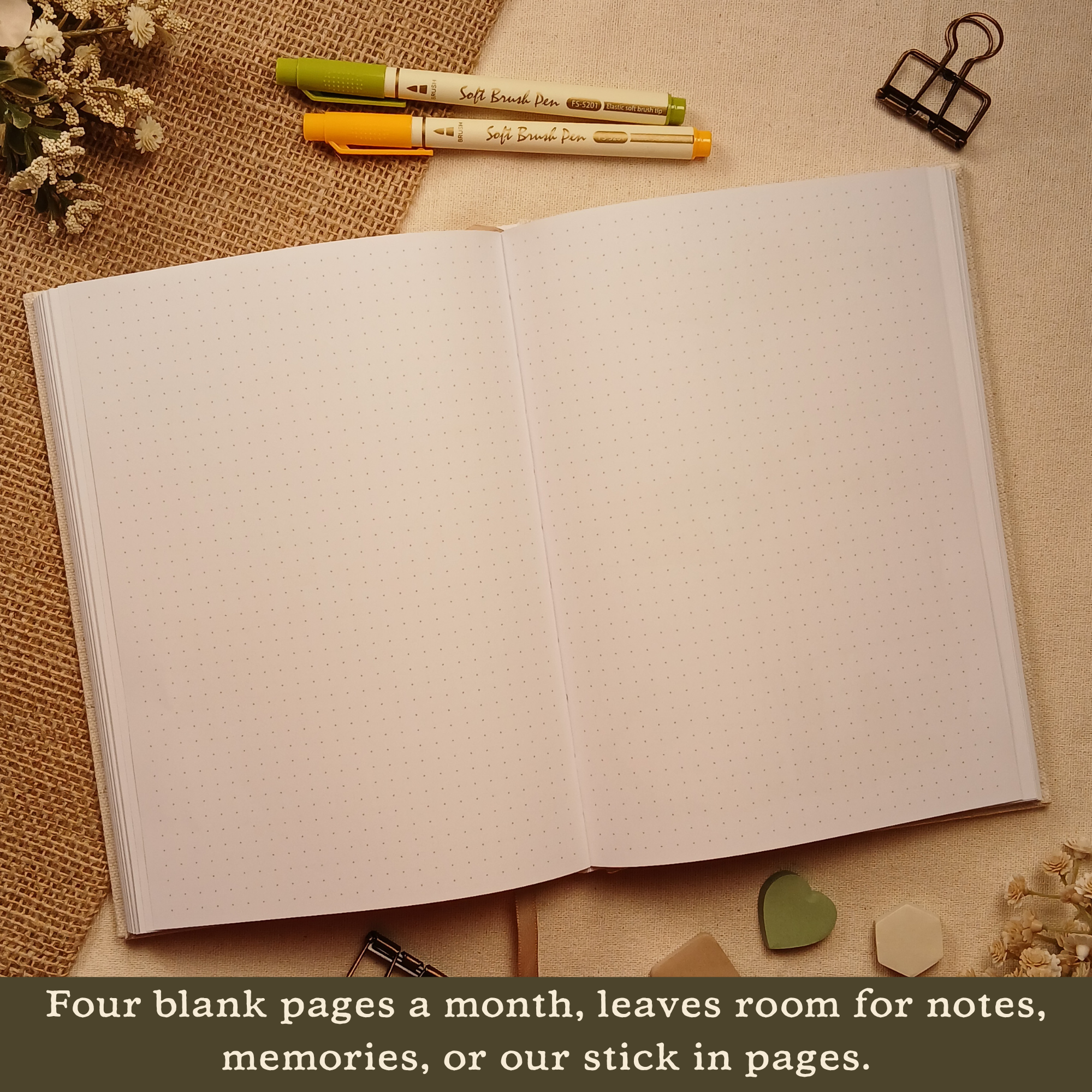 Open Booked Journal displaying four blank dotted pages designed for journaling, notes, memories, or adding stick-in pages. Text on image: 