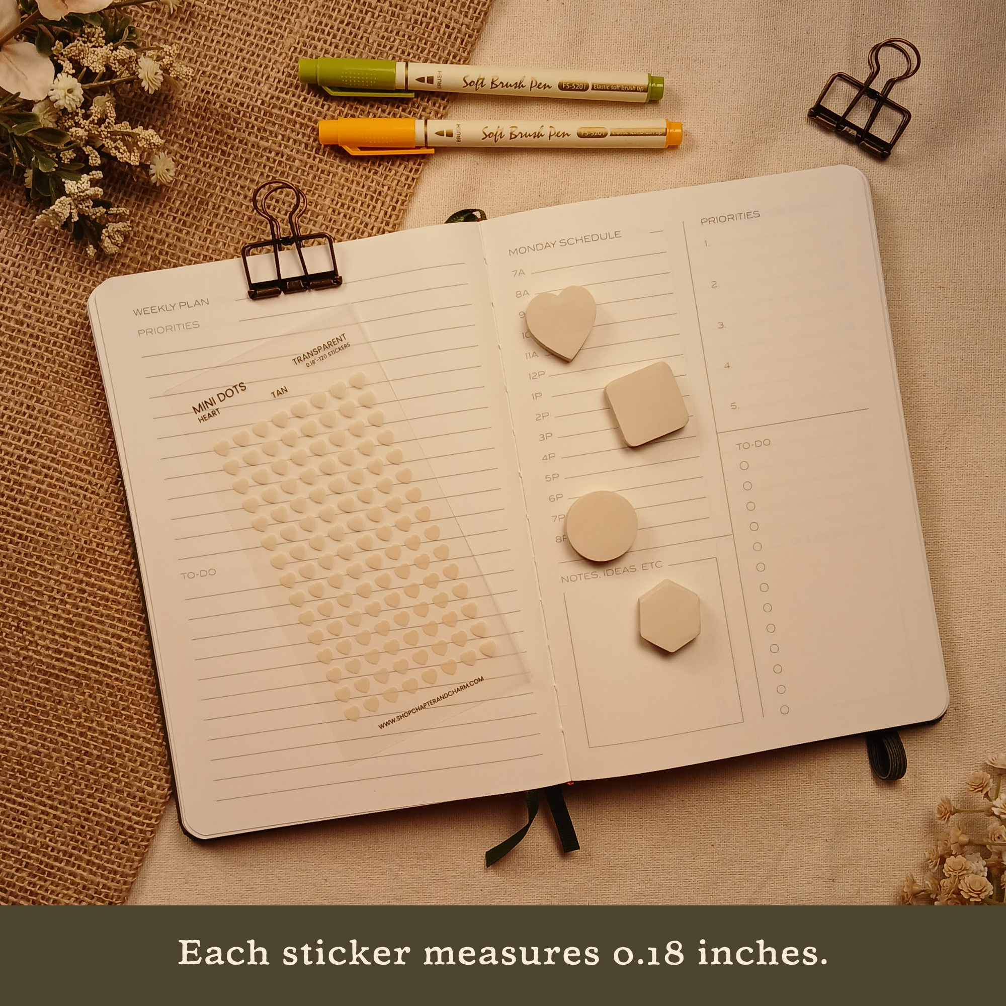 Tan transparent heart planner sticker sheet displayed with coordinating sticky notes on an open planner. Text reads: 