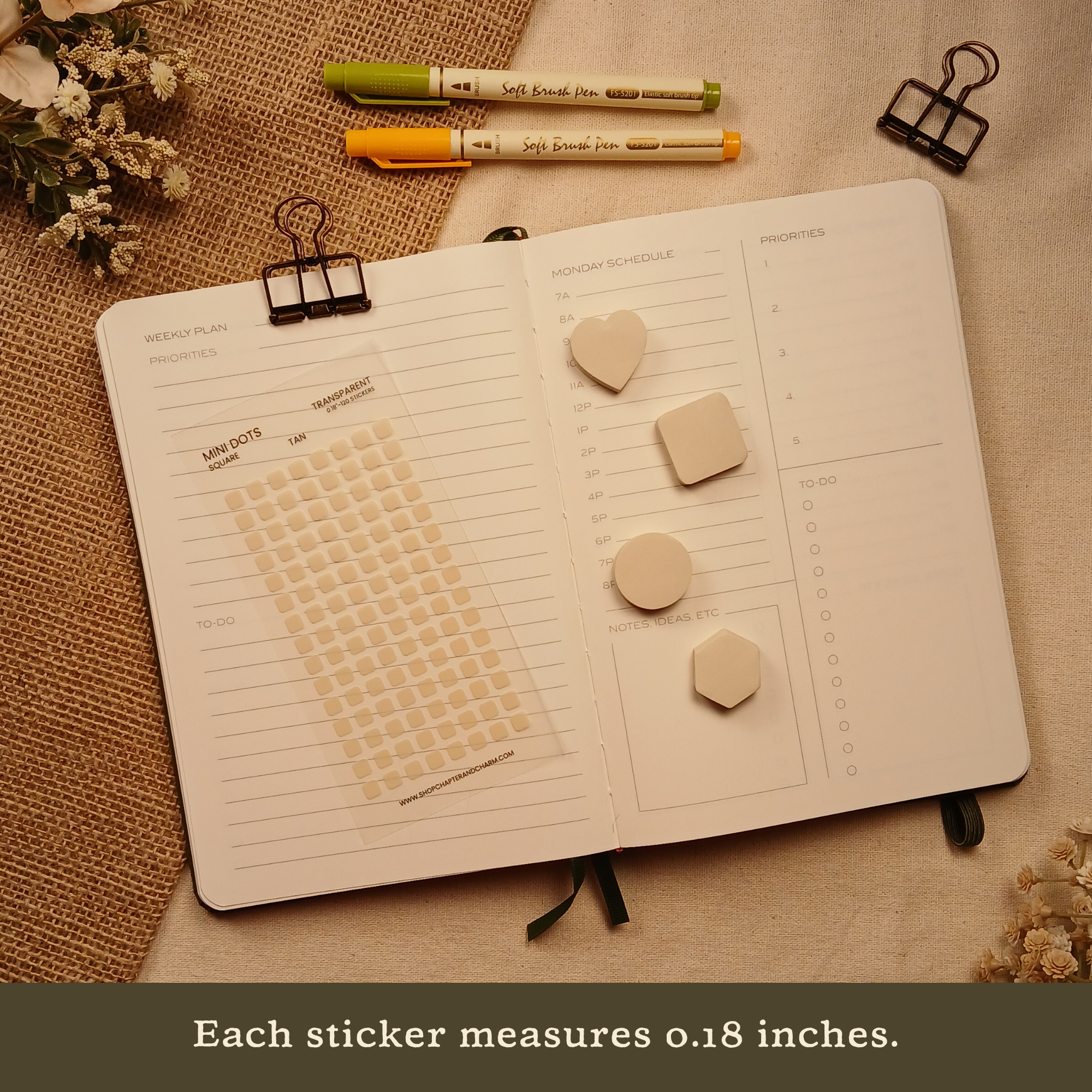 Tan transparent matte square planner stickers displayed with matching sticky note shapes on an open planner. The image includes the text, 
