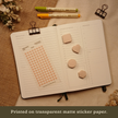 Blush pink transparent heart planner sticker sheet displayed with coordinating sticky notes on an open planner. Text reads: 
