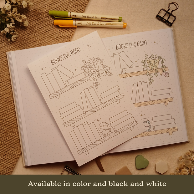 Books I've Read stick-in page shown beside the same page applied inside an A5 dotted journal, demonstrating how the insert fits seamlessly into your journal. The bookshelf-inspired design provides space to document completed books while adding a decorative, library-inspired touch. Styled with warm neutral props. Available in color and black and white.