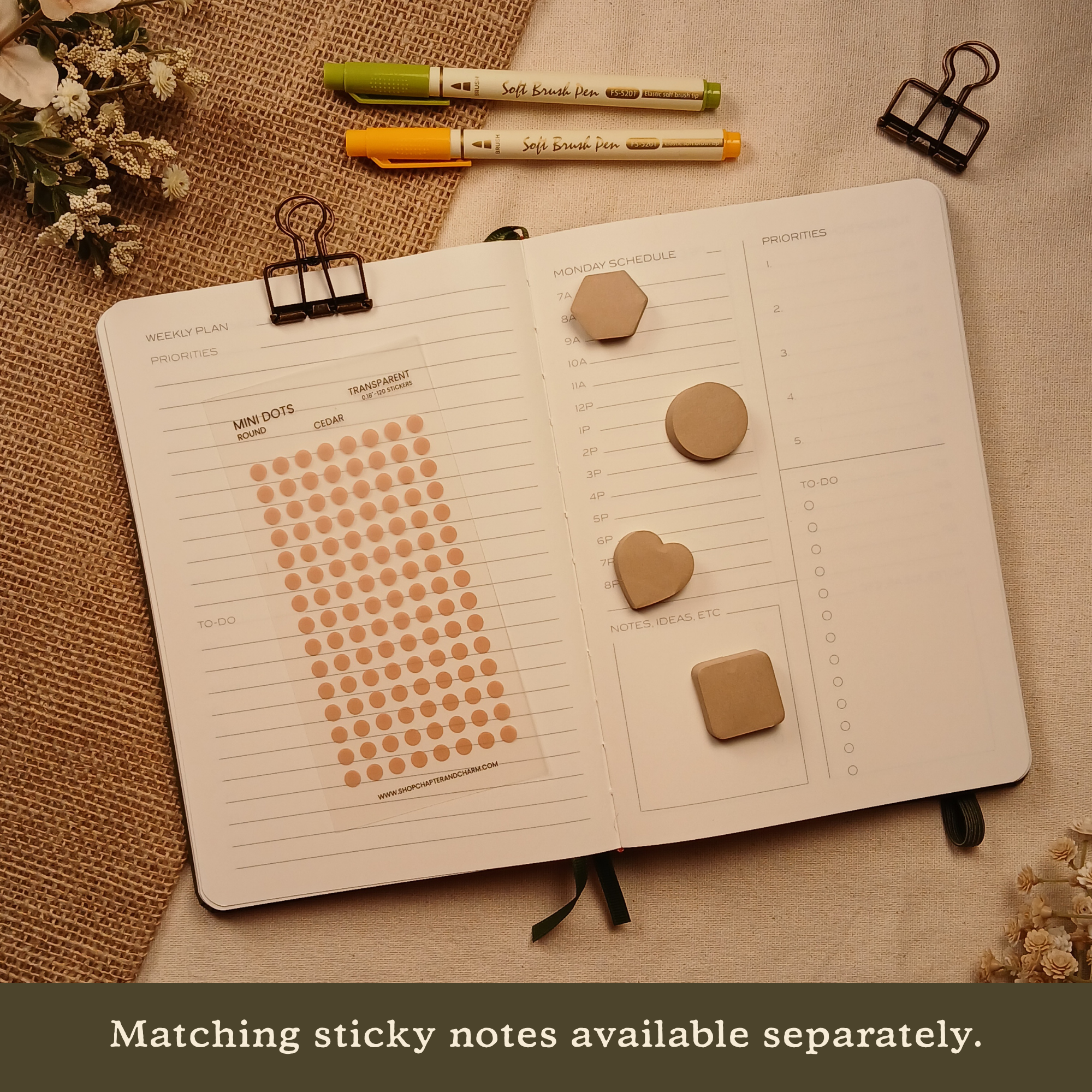Cedar brown transparent matte round planner dot stickers displayed with coordinating sticky notes on an open planner. The image includes the text, 