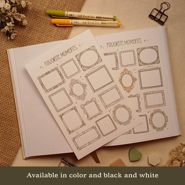 Favorite Moments stick-in page displayed beside the same page applied inside an A5 dotted journal, demonstrating how the insert fits within the journal. Features a variety of decorative vintage-inspired frames for highlighting photos, keepsakes, and favorite memories. Styled with brush pens, dried flowers, burlap, binder clips, and neutral sticky notes. Available in color and black and white.