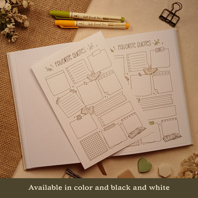 Favorite Quotes stick-in page displayed beside the same page applied inside an A5 dotted journal, showing how the insert fits within the journal. Features decorative note sections for recording favorite quotes, passages, and book excerpts. Styled with brush pens, dried flowers, burlap, binder clips, and neutral sticky notes. Available in color and black and white.