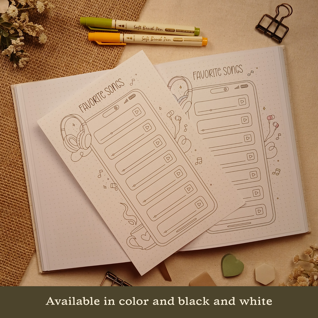Favorite Songs stick-in page displayed beside the same page applied inside an A5 dotted journal, showing how the insert fits seamlessly within the journal. Features a smartphone-inspired playlist layout with music-themed illustrations. Styled with brush pens, dried flowers, burlap, binder clips, and neutral sticky notes. Available in color and black and white.