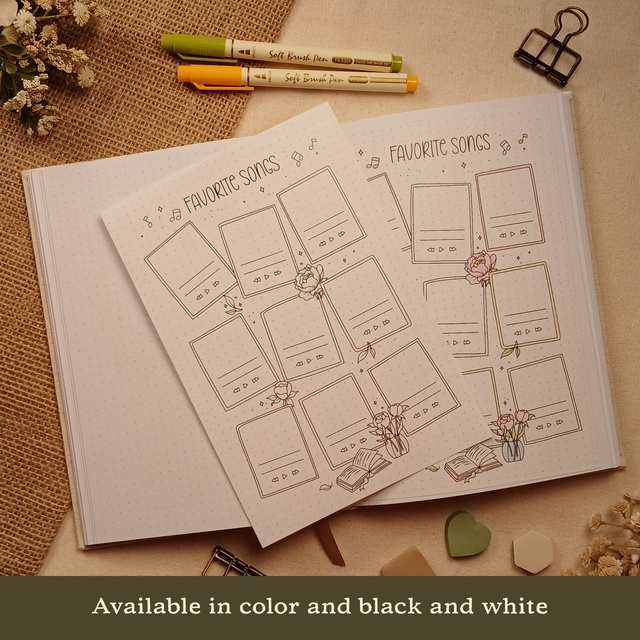 Favorite Songs stick-in page shown beside the same page applied inside an A5 dotted journal, demonstrating how the insert fits seamlessly into a journal. The design features music-inspired cards, floral details, and space to document favorite songs or albums. Styled with warm neutral props. Available in color and black and white.