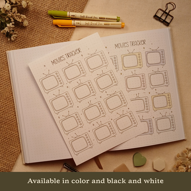Movies Tracker stick-in page displayed beside the same page applied inside an A5 dotted journal, demonstrating how the insert fits within the journal. Features retro television trackers for logging and rating favorite movies. Styled with brush pens, dried flowers, burlap, binder clips, and neutral sticky notes. Available in color and black and white.