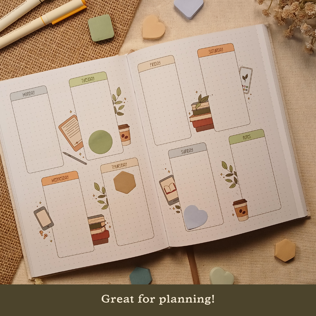 Weekly planner spread featuring colorful sticky notes in circle, heart, and hexagon shapes placed throughout the layout with the text 