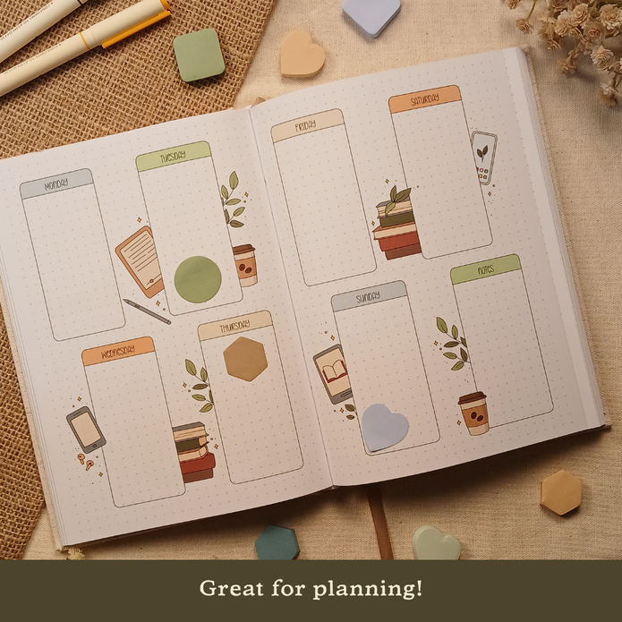 Weekly planner spread featuring colorful sticky notes in circle, heart, and hexagon shapes placed throughout the layout with the text 