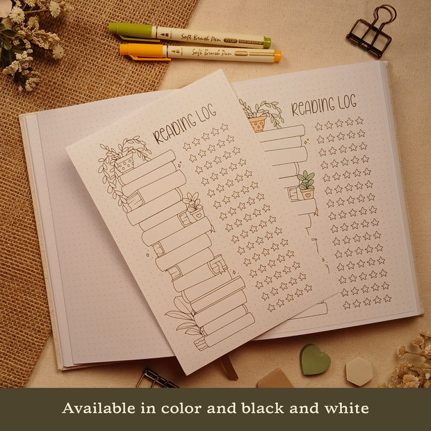 The Reading Log stick-in page displayed beside the same page inside an A5 dotted journal, showing how seamlessly it fits into your notebook. Available in both full color and black and white, giving you the choice of a softly decorated page or one you can customize with your own creativity. Available in color and black and white.