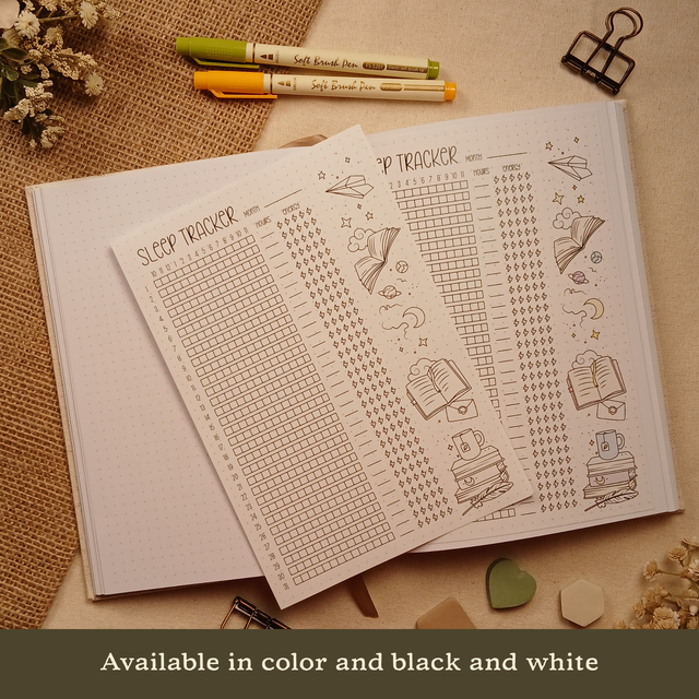 Sleep Tracker stick-in page shown beside the same page applied inside an A5 dotted journal, demonstrating how the insert fits seamlessly into your journal. Available in both full color and black and white, making it easy to match your personal journaling style. Available in color and black and white.