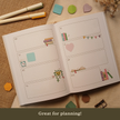 Weekly planner spread featuring transparent sticky notes in square, circle, and heart shapes used for planning with the text 