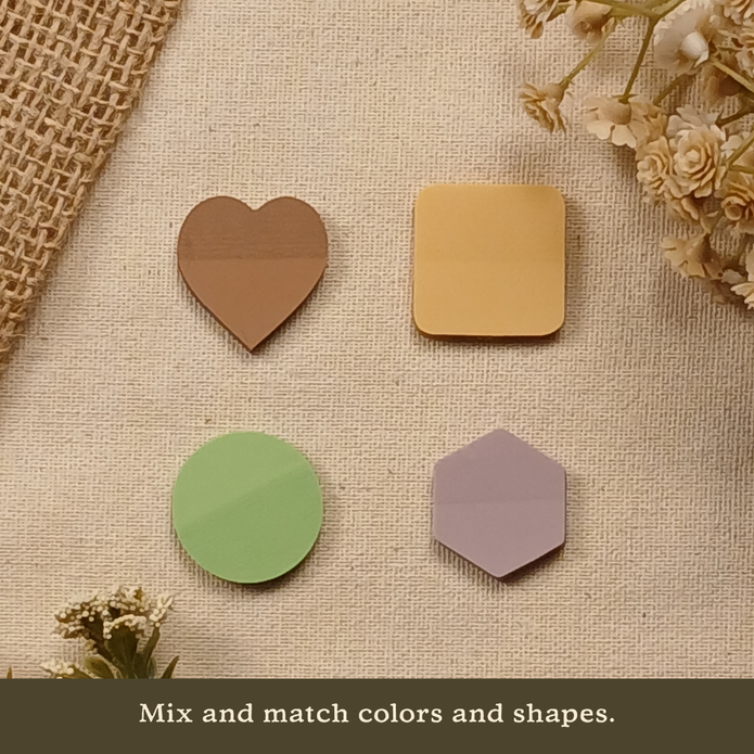 Transparent sticky notes displayed in heart, rounded square, circle, and hexagon shapes on a neutral linen background with the text 